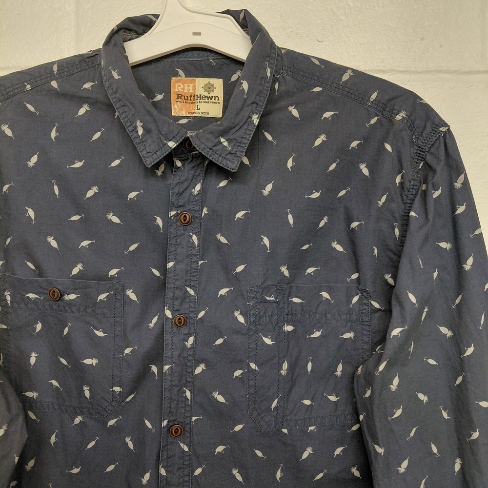 Ruff Hewn Blue Fishing Lure Chambray Mens LARGE Long Sleeve Button Up Shirt Fish